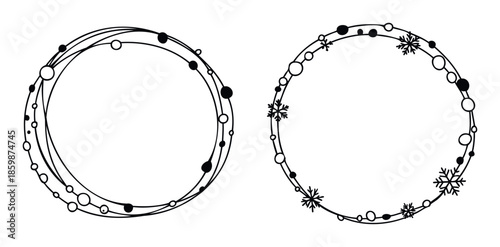 Elegant graphic circular frames with scattered elements and snowflakes offering a modern decorative border ideal for holiday season greetings, event invitations, or social media posts