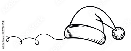 A cheerful handdrawn Santa hat with a long whimsical curly line perfect for holiday greeting cards festive party invitations and winter season marketing materials.