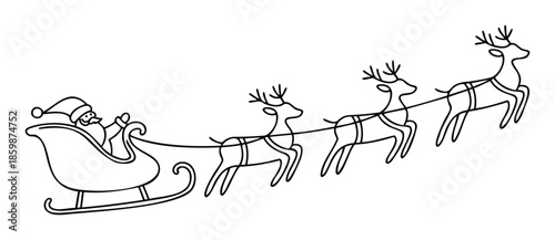 Simple black outline drawing of Santa Claus riding his sleigh pulled by four flying reindeer, perfect for holiday greetings, Christmas decorations, or childrens coloring books