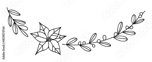 A decorative line art poinsettia and berry branch garland for holiday greeting cards, winter party invitations, or festive event promotions.