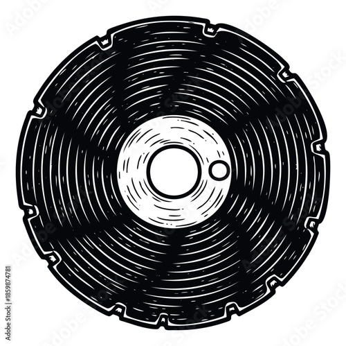 Grunge style graphic illustration of a vintage vinyl music record or industrial saw blade for use in music themed apparel designs or workshop related logos and signage