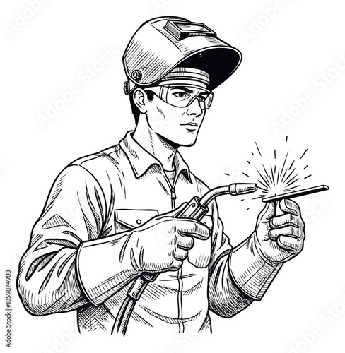 A diligent male welder in a protective helmet, safety glasses, and gloves operating a welding torch to fuse metal, an excellent visual for industrial work and vocational training materials.