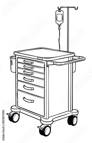 Essential hospital emergency crash cart equipped with an IV pole and hanging bag, multiple organized drawers for medical supplies, used in clinics and healthcare facilities for patient care