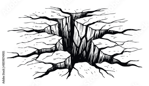 A dramatic hand drawn deep crevice opening in the earth with surrounding ground cracks useful for geological disaster concepts or abstract fear expressions