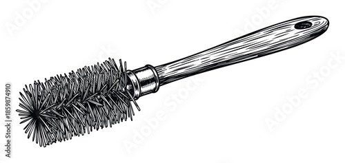 Professional round hairbrush with wooden handle and bristles depicted in a classic engraving style, ideal for beauty salon advertising, haircare product packaging, or barbershop related