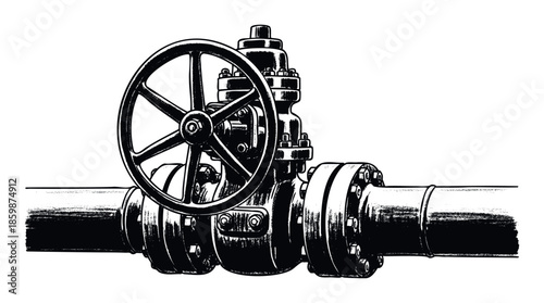 Technical illustration of a large pipeline shutoff valve with a handwheel, suitable for engineering blueprints, industrial safety manuals, and machinery brochures.