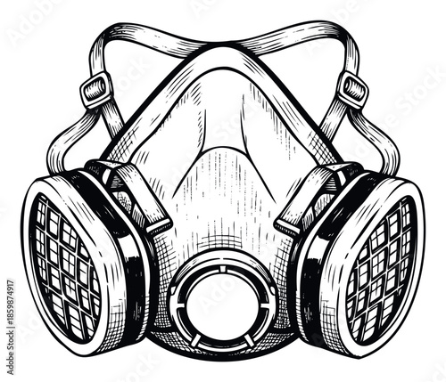 A detailed black and white etching of a gas mask respirator symbolizing industrial safety and health protection for use in occupational hazardous environment warnings and educational
