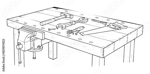 Versatile woodworking workbench equipped with a robust vise and an assortment of essential hand tools including a hammer, saw, and wrenches, perfect for home improvement, repair, or