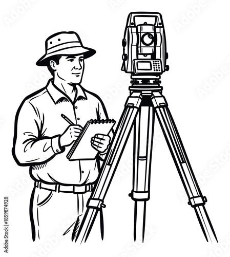 Male surveyor in a hat taking notes next to a total station on a tripod, ideal for professional service advertisements, engineering education, and construction project planning