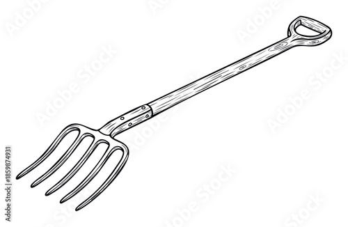 Hand drawn farming tool pitchfork with a sturdy wooden handle and four tines, suitable for various farming, gardening, and agricultural themed projects.