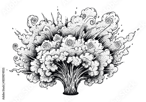 Dynamic monochrome explosion cloud bursting with energy in a unique handdrawn dotwork style perfect for various graphic design projects visual effects and impactful prints