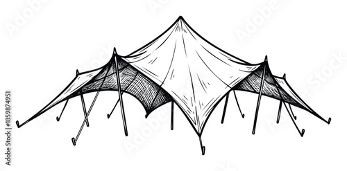 Detailed hand drawn multi peaked tent structure with draped fabric and support poles ideal for various event planning, outdoor festival promotion, and temporary shelter marketing.