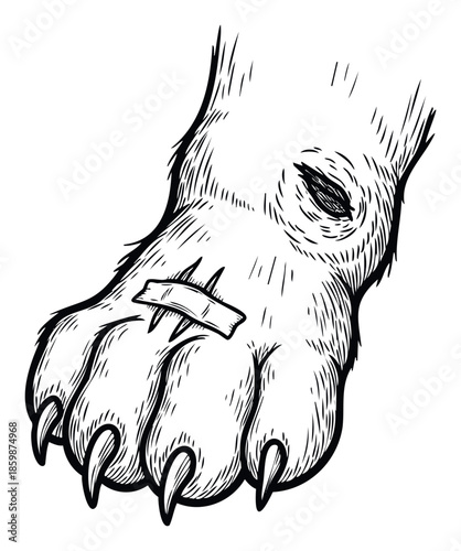Injured animal paw with a bandage and visible scratches depicted in a classic handdrawn style, suitable for veterinary care promotions or pet health awareness campaigns