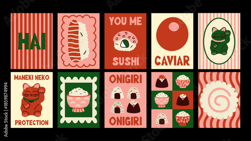 Japanese-inspired minimalist poster collection. Cute cartoon traditional motifs, sushi, geisha, koi fish, sakura blossoms and Asian typography.