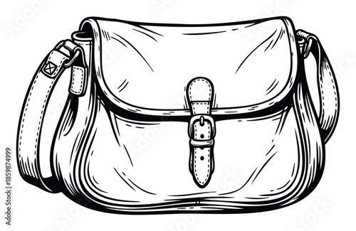 Handdrawn sketch of a stylish shoulder bag featuring a prominent flap and buckled closure, perfect for apparel catalogs, product displays, and retail promotions