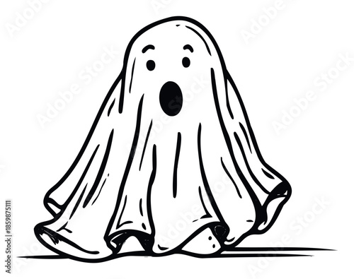 Spooky and adorable sheet ghost drawing with wide eyes and an open mouth, perfect for Halloween party invitations, childrens storybooks, and seasonal greeting cards.