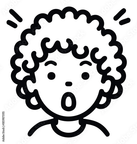 Minimalist black outline depiction of a subject showing surprise with curly hair and an open mouth, suitable for conveying strong emotion in infographics and user interface applications.