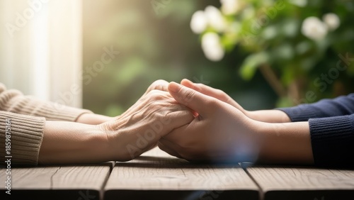 Couple Holding Hands on Wooden Table.