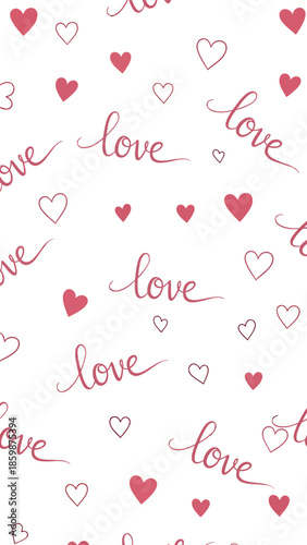 Red hearts and love words pattern on white background.
