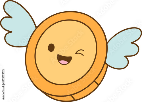 Cute money coin with wings, smiling and winking, represents joy and prosperity in playful design
