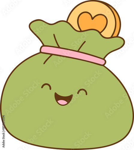 Cute money bag with smiling face and coin on top, conveying happiness and prosperity