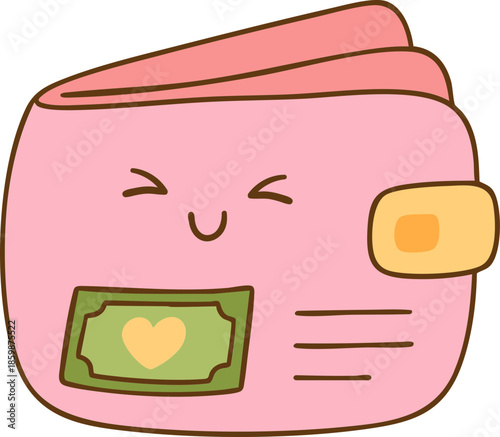 Cute pink wallet with smiling face and heart shaped bill peeking out, conveying cheerful and playful vibe