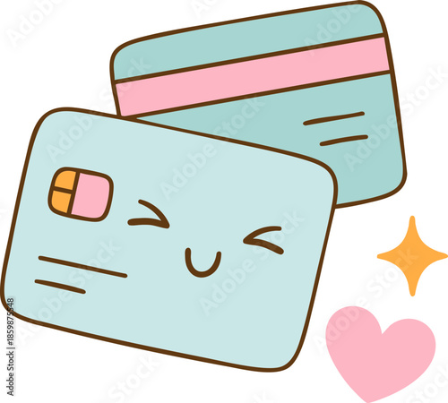 Cute money illustration featuring two smiling credit cards with pastel colors and decorative elements