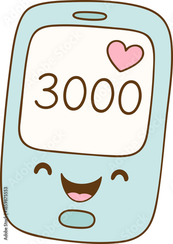 Cute mobile phone illustration with smiling face and heart, displaying number 3000, conveying cheerful and friendly vibe