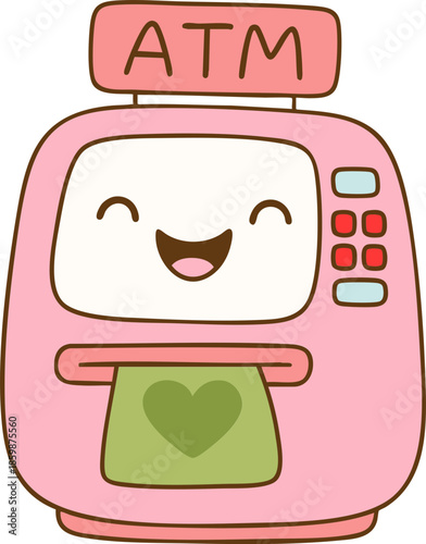 Cute ATM machine with smiling face, designed in playful style, featuring heart shaped money slot and colorful buttons