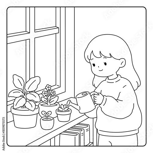 Cozy Coloring Page of a Cute Girl Watering Tiny Plants. Kawaii Cozy Balcony Gardening Coloring Page Printable Vector. Cozy Coloring Page for Kids. Cozy Coloring Page for Adult.
