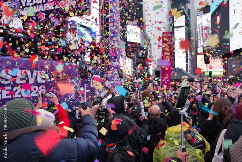 New York, NY - December 29, 2025: Times Square New Years Eve organizers test confetti airworthiness with Planet Fitness at Broadway Plaza between 45th and 46th Streets.