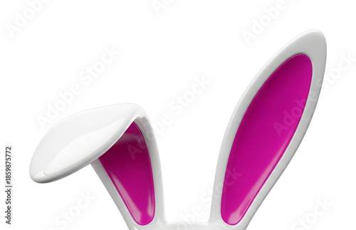 White bunny ears with vibrant pink interiors playfully emerge from the bottom of the frame, symbolizing Easter festivities and playful costumes.