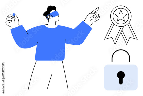 Data security, gamification, achievement recognition, digital safety, user engagement, identity verification. Human figure pointing, with lock and award icons. Data security and gamification concepts
