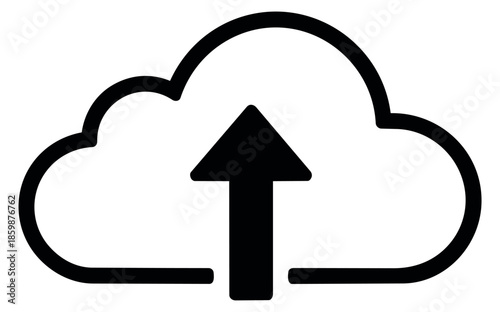 Line art illustration of cloud upload icon depicting data transfer to the internet for technology and network concepts