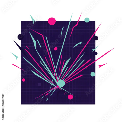 Explosive abstract burst of colorful lines and circles emanating from a dark grid square, representing energy and dynamism.