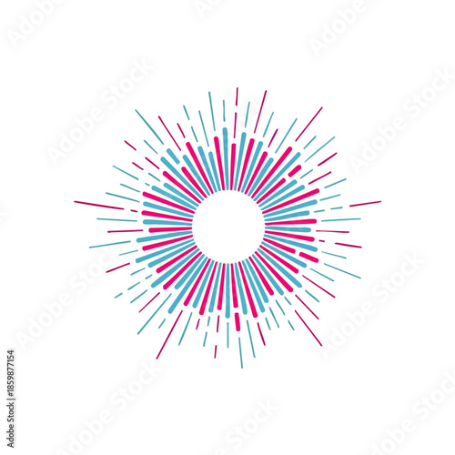 Abstract starburst burst of light emanating from a central circle with radiating lines in pink and blue hues on a white background.