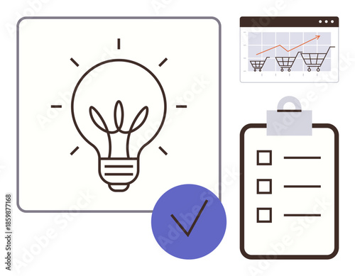 Lightbulb for creativity, checklist for organization, and growth chart with shopping carts for e-commerce. Ideal for innovation, business development, project planning, marketing, analytics