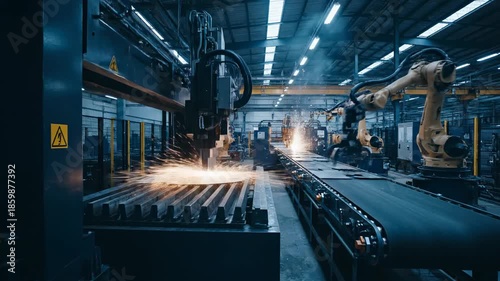 Dim industrial factory floor with robotic arms welding metal on conveyor lines amid sparks at night
