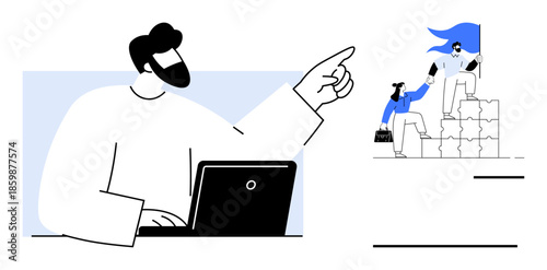 Business strategy, leadership skills, collaboration, teamwork, career growth, professional achievement. Person working at a laptop and helping teammates. Leadership and collaboration conveyed