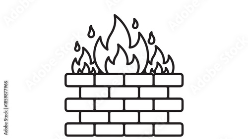 Burning Fire in Brick Fireplace with Flames and Embers in Simple Line Art Style for Home Decor