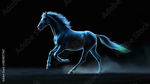 Wide cinematic footage of a realistic horse silhouette running through negative space, enhanced by subtle abstract energy accents.