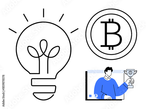 Lightbulb for ideas, Bitcoin symbol, and person holding a trophy as a concept of success in cryptocurrency and innovation. Ideal for blockchain, fintech, cryptocurrency, business strategies