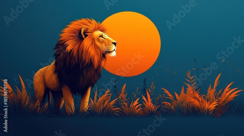 Majestic lion standing in tall grass at sunset.