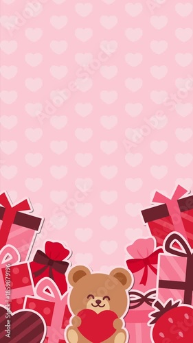 クマとプレゼントのバレンタイン背景アニメーション（縦型背景）