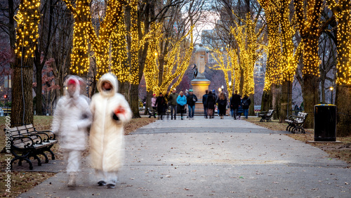 The iconic Commonwealth Avenue in Boston with its famous Christmas lights at night.