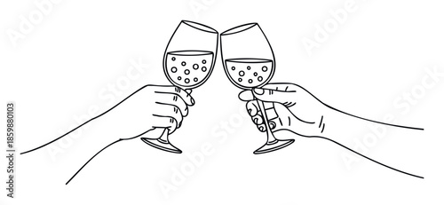 Two hands holding wine glasses filled with sparkling liquid are clinking together in a cheerful toast, perfect for conveying celebration and joyful moments in event invitations or festive