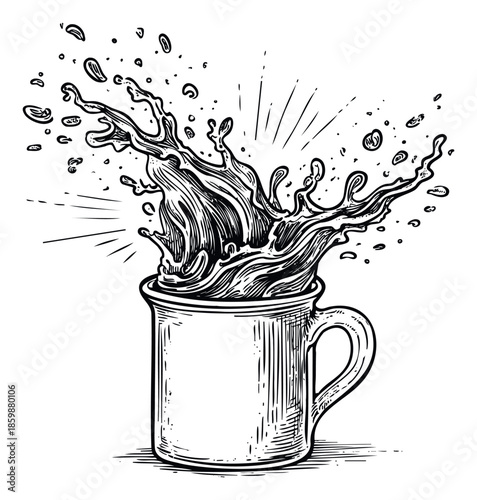Dynamic coffee beverage splash captured in a vintage engraving style within a rustic ceramic mug, ideal for captivating menus, engaging advertisements, or inviting cafe branding materials.