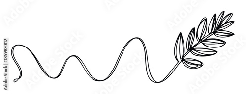 Minimalist single continuous line drawing of an organic wavy stem evolving into a delicate leafy branch, perfect for elegant natureinspired branding or serene decorative graphic