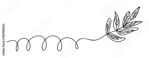 Elegant minimalist black line drawing depicting a stylized botanical foliage branch with a graceful flowing curly element, ideal for subtle branding, wedding stationery, or decorative