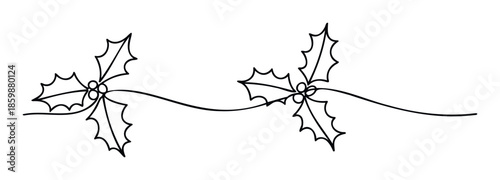 Minimalist continuous line drawing of festive holly sprigs with berries creating a decorative border for holiday season greetings and winter event invitations.